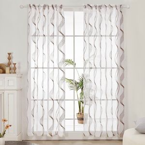 Embroidered White Sheer Curtains, Khaki, Set of 2 Panels